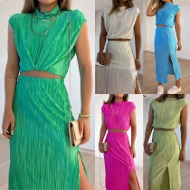 Sexy V-neck Sleeveless Crop Top + High Waist Slit Hem Skirt Two-piece Set