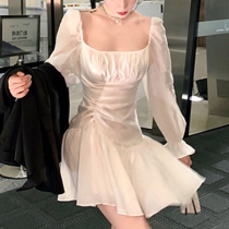 Sexy Square Collar Long Sleeve Elastic Wrinkled Dress