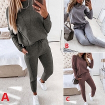 Fashion Solid Color Long Sleeve Mock Neck Sweatshirt + Pants Two-piece Set