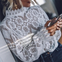 Sexy Long Sleeve Round Neck Solid Color Hollow Out Lace Top