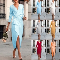 Sexy V-neck Irregular Slit Hem Long Sleeve Solid Color Slim Fit Dress