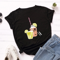 Casual Style Long Sleeve Round Neck Drink Printed Pattern Loose T-shirt