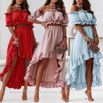 Sexy Off-shoulder Puff Sleeve Crop Top + High-low Hem Skirt Two-piece Set