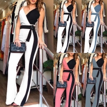 Sexy Backless V-neck High Waist Contrast Color Slim Fit Sling Jumpsuit