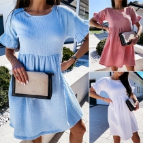 Fashion Solid Color Ruffle Cuff Short Sleeve Round Neck Loose Dress