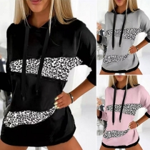 Fashion Contrast Color Leopard Spliced Long Sleeve Hooded Loose Sweatshirt