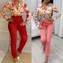 OL Style Long Sleeve POLO Collar Printed Shirt + High Waist Pants Two-piece Set