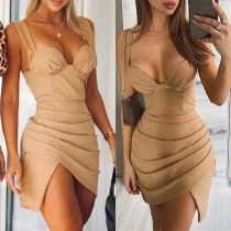 Sexy Backless V-neck Irregular Hem Solid Color Slim Fit Sling Dress