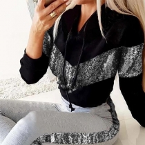 Fashion Sequin Spliced Long Sleeve Hooded Sweatshirt + Pants Two-piece Set