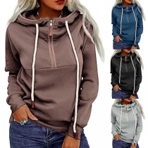 Casual Style Long Sleeve Hooded Front-zipper Drawstring Sweatshirt