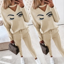 Cute Eyes Pattern Long Sleeve V-neck Sweatshirt + Pants Two-piece Set