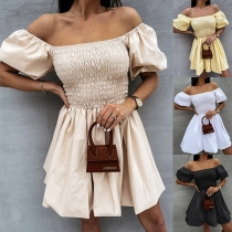 Sexy Off-shoulder Boat Neck Puff Sleeve High Waist Wrinkled Dress