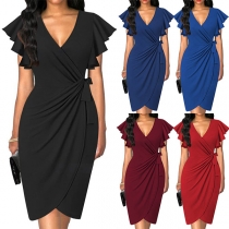 Sexy V-neck Short Sleeve Solid Color Twisted Slim Fit Dress