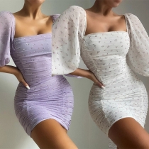 Sexy Backless Square Collar Puff Sleeve Slim Fit Printed Mini Dress