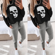 Casual Style Skull Head Pattern Sweatshirt + Pants Two-piece Set