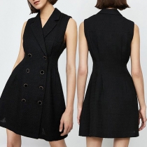 OL Style Sleeveless Notched Lapel Double-breasted Slim Fit Suit Dress