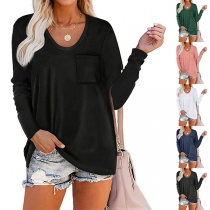 Casual Style Långärmad V-ringad Enfärgad Lös T-shirt