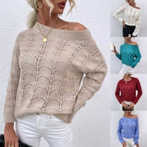 Fashion Solid Color Long Sleeve Round Neck Hollow Out Knit Sweater