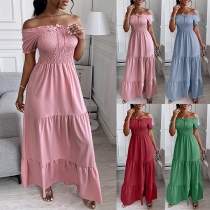 Sexy Off-shoulder Boat Neck Short Sleeve High Waist Solid Color Maxi Dress