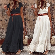 Sexy V-neck High Waist Lace Spliced Solid Color Maxi Dress