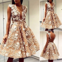 Sexy Deep V-neck Sleeveless High Waist Lace Spliced Party Dress