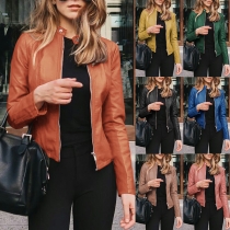 Fashion Solid Color Long Sleeve Stand Collar PU Leather Jacket