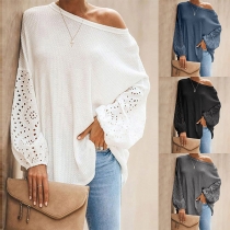 Sexig Hollow Out Lantern Sleeve Sned Shoulder Enfärgad Lös T-shirt