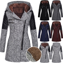Mode långärmad sned dragkedja Hooded Slim Fit Coat