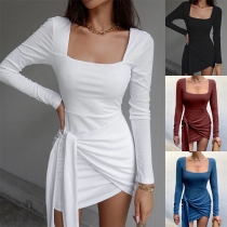 Sexy Square Collar Long Sleeve Irregular Hem Lace-up Slim Fit Dress