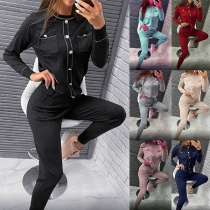 Fashion Solid Color Long Sleeve Round Neck Front-button Knit Top + Pants Two-piece Set