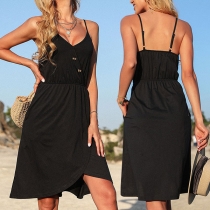 Sexy Backless V-neck Irregular Hem Solid Color Tie-belt Sling Dress