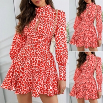 Sexy Hollow Out Mock Neck Kong Sleeve High Waist Printed Dress
