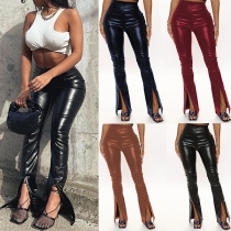 Fashion Solid Color High Waist Slit Fit Slim Hem PU Leather Flared Pants