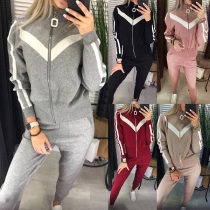 Fashion Contrast Color Long Sleeve Stand Collar Knit Coat + Pants Two-piece Set