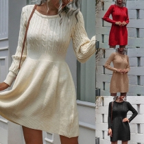 Simple Style Long Sleeve Round Neck Solid Color High Waist Knit Dress