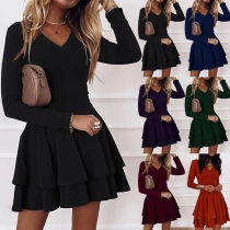 Elegant Solid Color Long Sleeve V-neck Dual-layer Hem Solid Color Dress