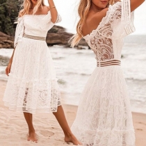 Sexy Off-shoulder Boat neck Trumpet Sleeve High Waist Lace Dress