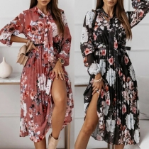 Sweet Style Lace-up Bow-knot Collar Long Sleeve Printed Pleated Chiffon Dress