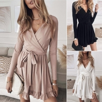 Sexy V-neck Ruffle Hem Long Sleeve Solid Color Tie-belt Dress