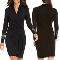 Elegant Solid Color Rhinestone Cuff Long Sleeve V-neck Slim Fit Dress