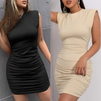 Simple Style Sleeveless Round Neck Solid Color Wrinkled Tight Dress