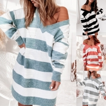 Fashion Long Sleeve V-neck Loose Stripe Knit Dress