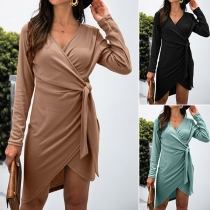 Sexy V-neck Long Sleeve Irregular Hem Lace-up Dress
