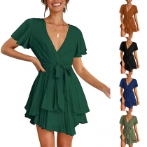 Sexy V-neck Ruffle Cuff Solid Color Lace-up Bow-knot High Waist Dress