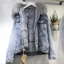 Mode fuskpäls skarvad avtagbar huva plyschfoder jeansrock