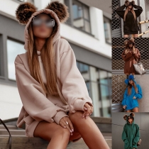 Långärmad lös sweatshirtklänning med kattöronformad huva i söt fuskpäls