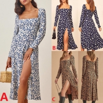 Sexy Square Collar Slit Hem Long Sleeve Slim Fit Printed Dress