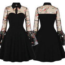 Sexy See-throigh Gauze Spliced Trumpet Sleeve POLO Collar Embroidery Dress