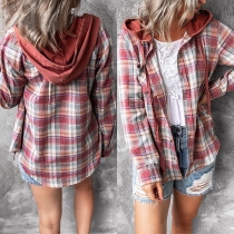 Casual Style Långärmad Huva Lös Rutig Skjorta Cardigan