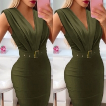 Sexy V-neck Sleeveless High Waist Solid Color Slim Fit Dress with Waistband